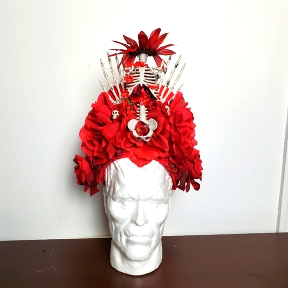 Red Floral Skeleton Skull Bone Floral Goth Headpiece Crown LED Light Up Headband - Picture 3 of 11